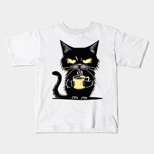 Lazy Cat Drinking Coffee Kids T-Shirt